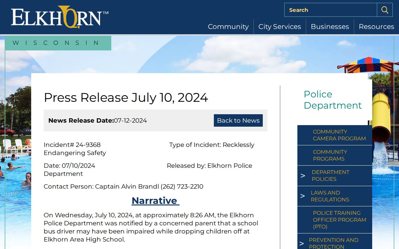 Walworth County Elkhorn Police individual arrest release record