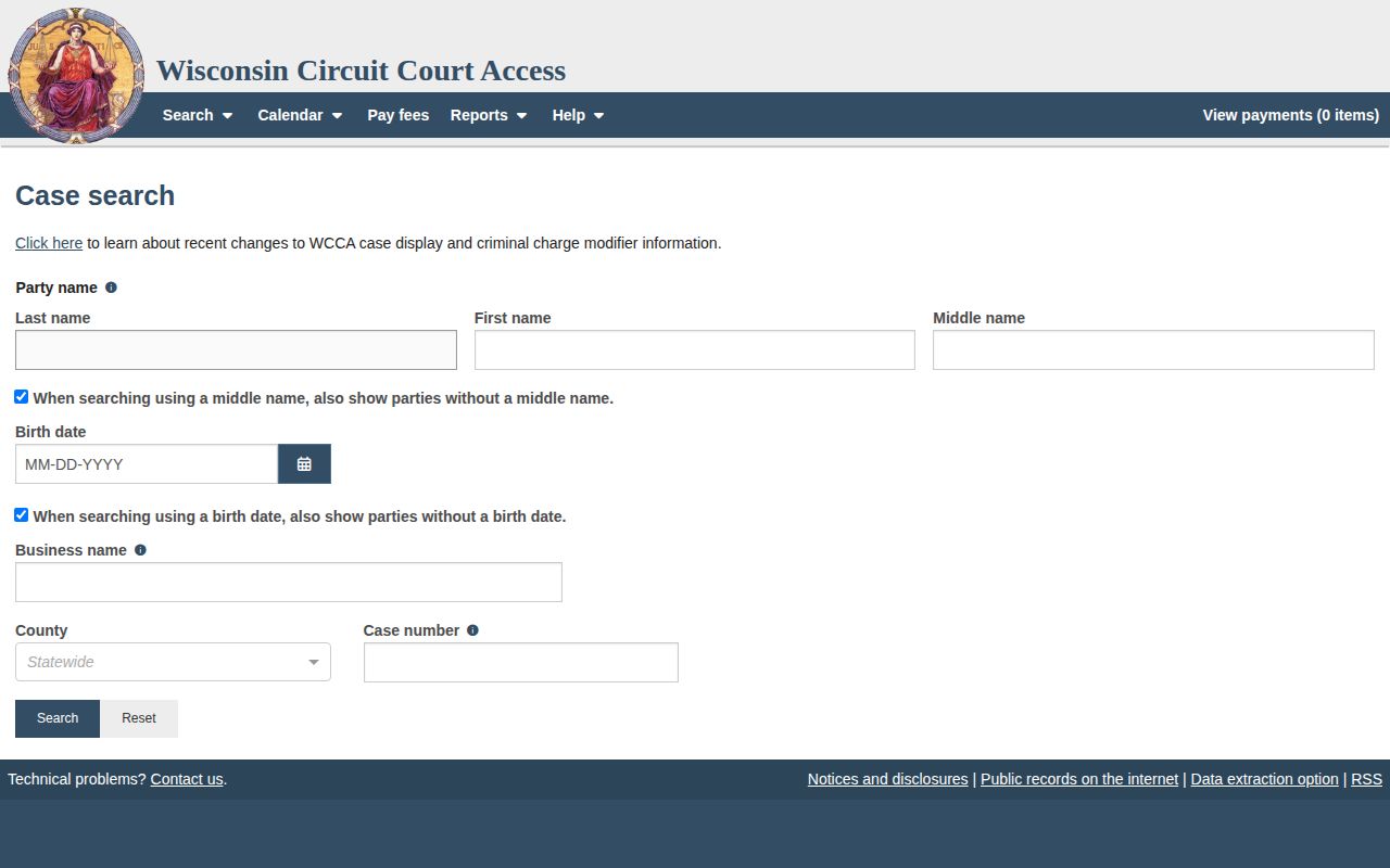Wisconsin Circuit Court Access screen for Walworth County case disposition search