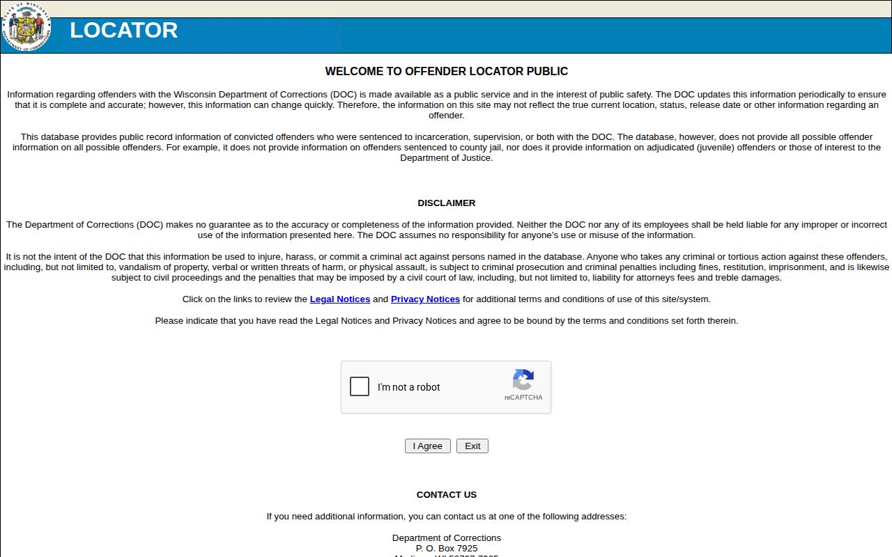 Wisconsin DOC Locator source for Walworth County post-sentence custody records