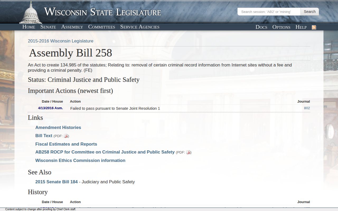 Walworth County Wisconsin mugshot law record source showing Assembly Bill 258 history