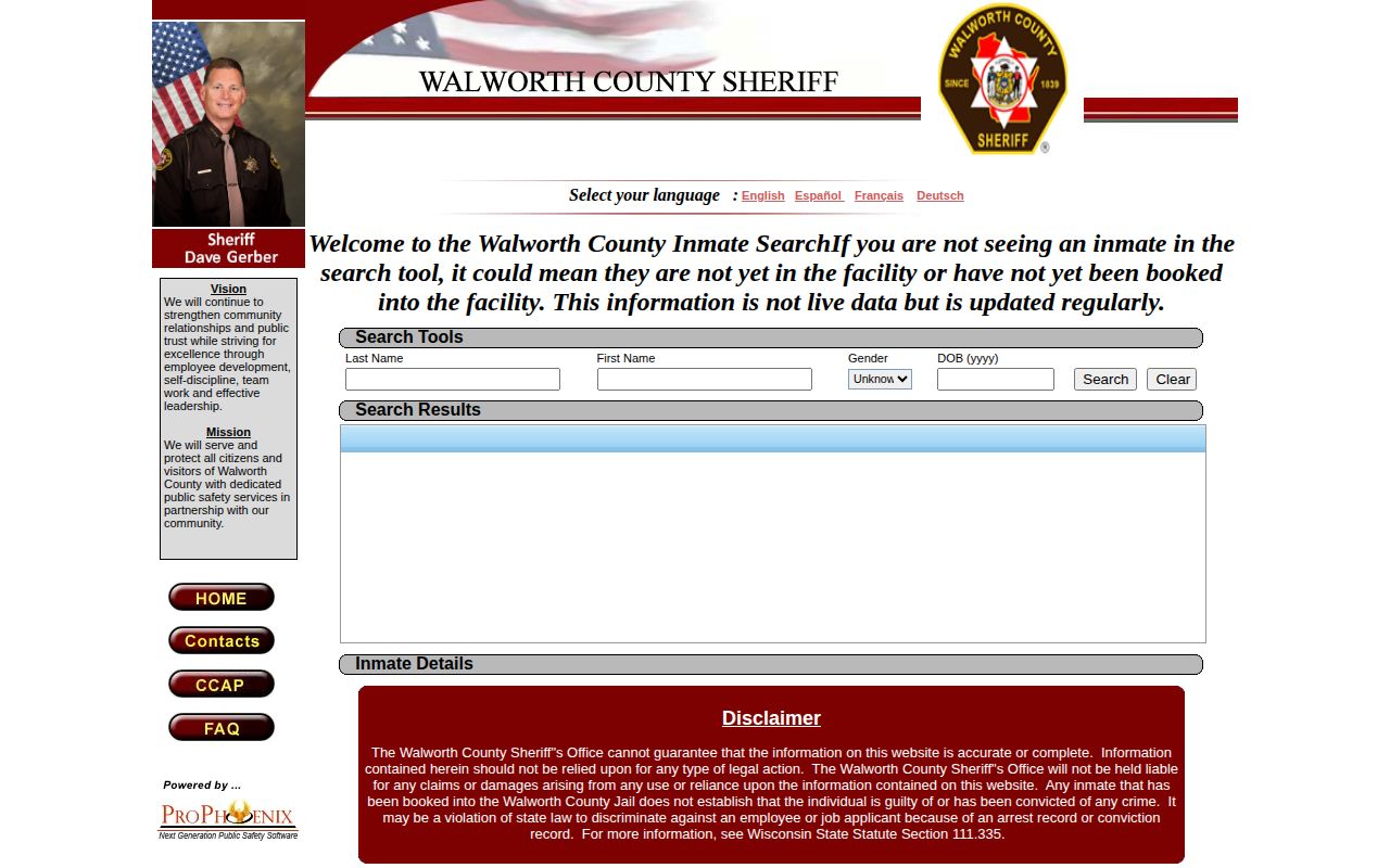Walworth County Jail current-custody roster search form and record fields