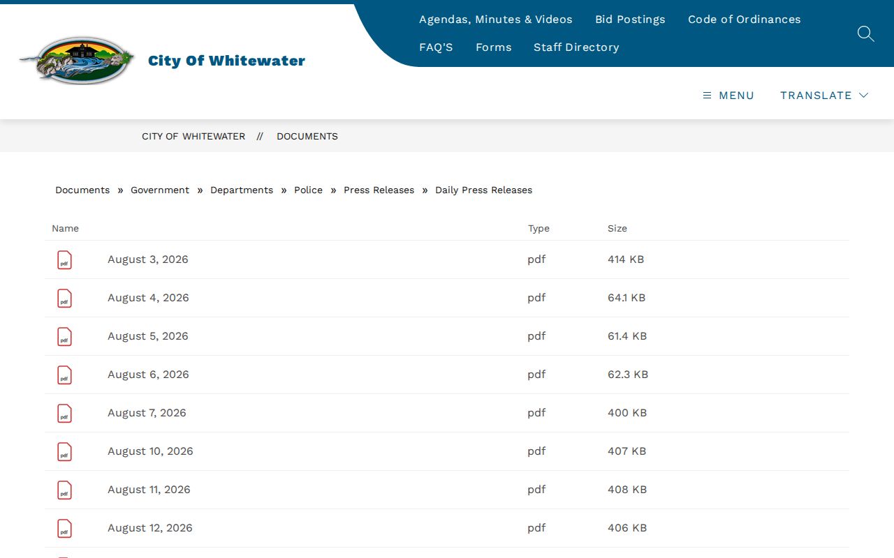 Walworth County Whitewater Police citation-release record directory